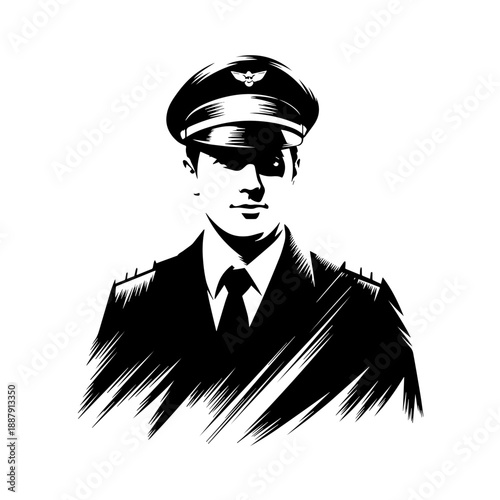 Pilot captain portrait in black and white vector style. Aviator man wearing uniform and hat. Stencil ink illustration