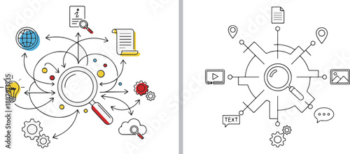 Two vector diagrams featuring magnifying glasses at the center of complex information networks, illustrating multimedia search, data indexing, and interconnected digital resources.