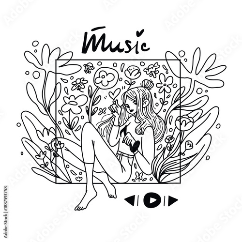 A modern, flat vector portrait of a relaxed woman listening to music in a Picture-in-Picture, rendered in sketch style on a white background. Surrounded by flowers and nature, the image conveys calm, 
