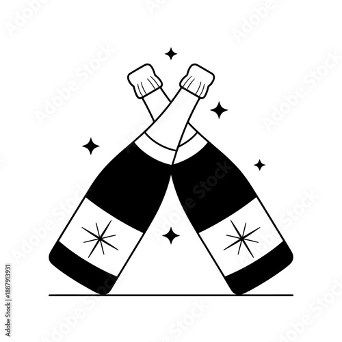 Two champagne bottles are crossed together, surrounded by small sparkling stars.