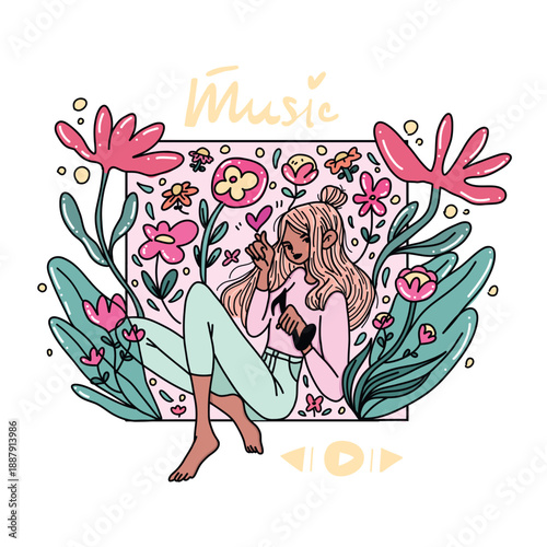 A modern flat vector portrait of a relaxed woman listening to music in Picture-in-Picture format, set against a white background. Surrounded by flowers and plants, the image conveys calm, joy, and tra