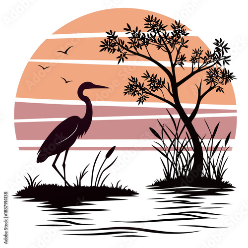 Heron by sunset in wetland