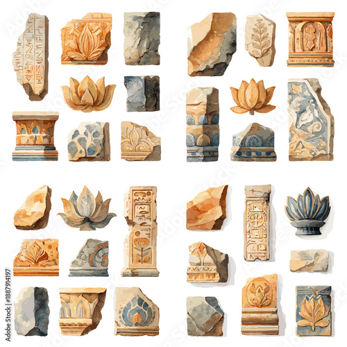 Ancient stone relief illustration with carved fragments floral motifs and architectural ornaments. Historic archaeological collection inspired by classical decorative sculpture.