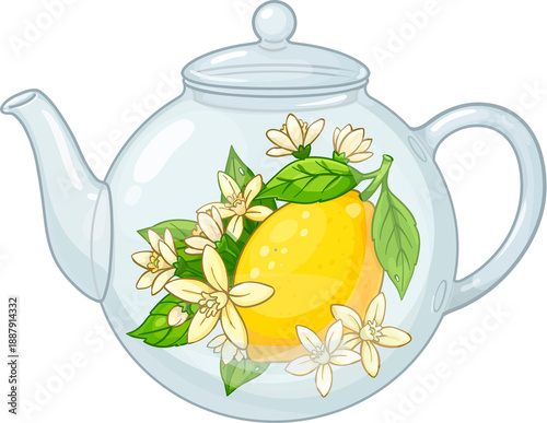 Transparent glass teapot with lemon, lemon blossoms, and green leaves inside. Clean vector illustration in a light, fresh style.