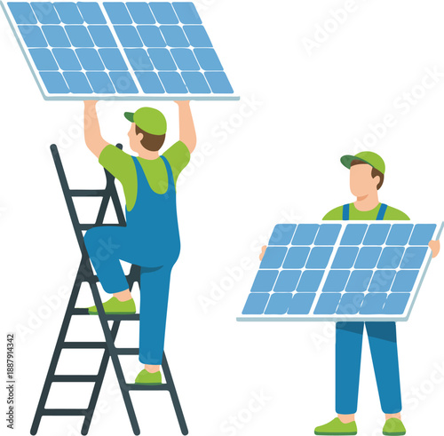 Solar Panel Installation Workers Renewable Energy Technicians Carrying Photovoltaic Modules