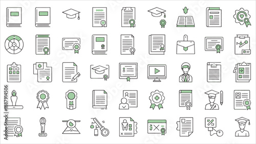 Comprehensive Educational and Academic Achievement Line Icon Set with Certificates and Graduation Symbols