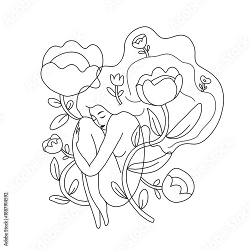 A naked girl hugs her knees. Flowers bloom behind her. Self-love, body positivity, self-care, and peace. Vector flat illustration on a white background in sketch style.