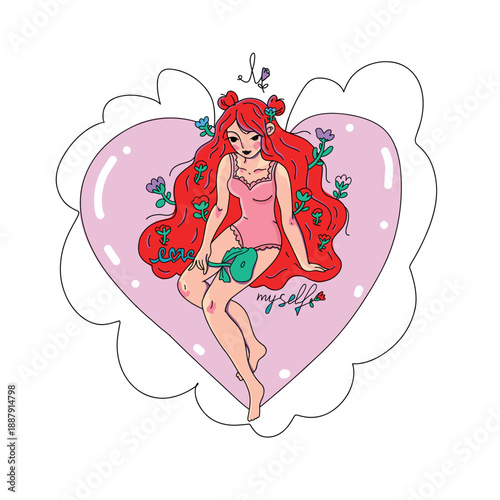 A young woman in a swimsuit with red hair is sitting on a heart and holding a flower. Vector illustration on a white background. Self-love, positive body image, self-care, peace of mind.