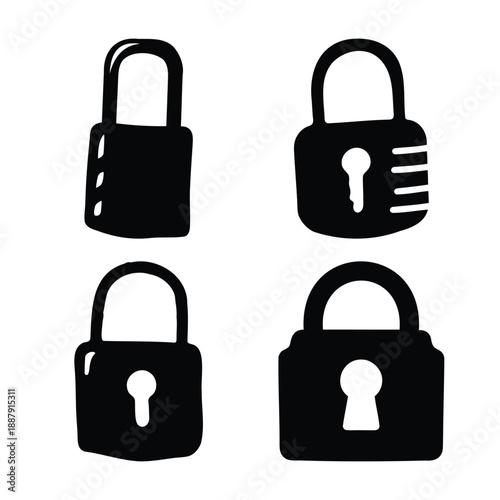 A collection of four diverse hand-drawn style black padlock icons representing security and access