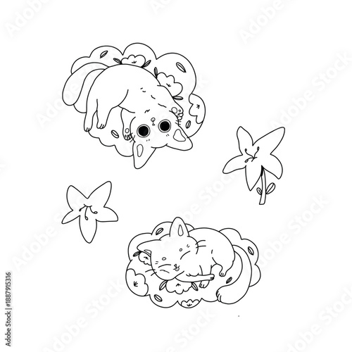 A collection of cute vector stickers featuring cats on grass with flowers in kawaii style on a white background. The cats are lying on the grass, sleeping and smiling sweetly. Adorable cats for printi