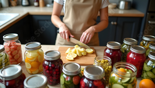 Woman preparing preserved food in jars, chopping lemons and vegetables in kitchen