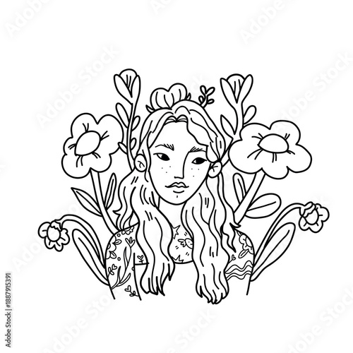 Young Asian girl with beautiful tattoos against a backdrop of flowers. Vector illustration in sketch style with a concept of self-love isolated on a white background.