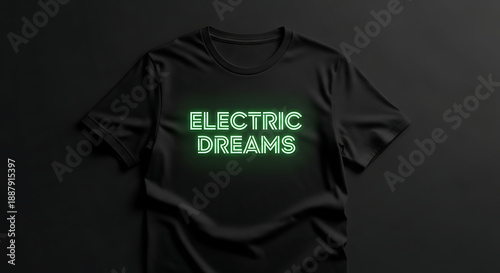 A black t-shirt with electric dreams printed on it in green, laid flat on a dark surface, viewed from directly above, showcasing a casual clothing item