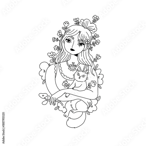 A sweet vector illustration depicting a woman tenderly hugging her cat surrounded by flowers. This delightful illustration is set on a white background in an outline style.