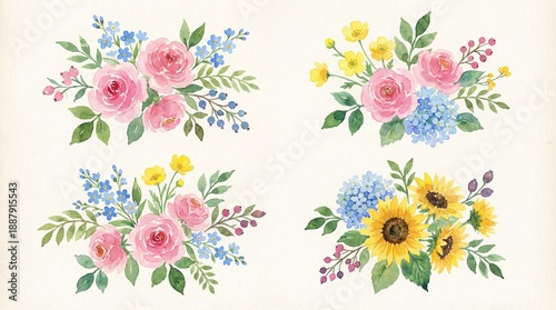 Watercolor Floral Bouquets Collection. Pink, blue, yellow flower with green leaves, branches. Wedding stationary, greetings, wallpapers, fashion, background
