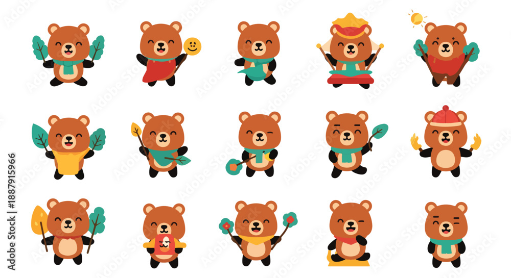 Obraz premium Collection of Cute Bear Character Cartoon Emoticons