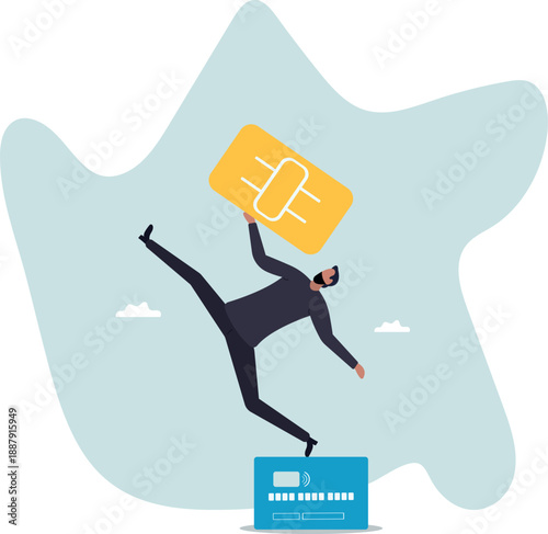 A thief steals data from a credit card. The concept of deception and fraud.