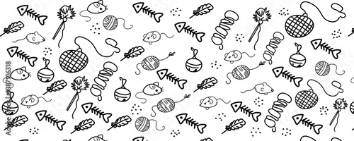 Cat toy, fooprint pattern seamless. Hand drawn sketch doodle kitty cute element on white background. Fish bone, footprint, cat toy element. Pet veterinary pattern. Vector illustration