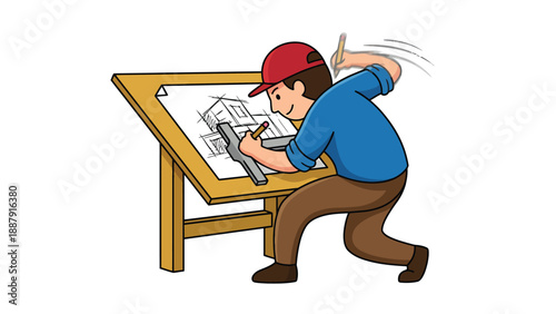 Architect Sketching Project on Drafting Table - Cartoon Illustration