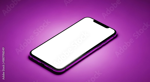 A smartphone with a blank screen is displayed on a purple background from an angled viewpoint.