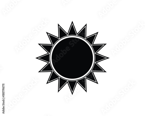 Black sun icon with many pointed rays and a white outline on a white background solar weather