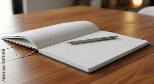 An open notebook with a pen lies on a wooden table, viewed from a slight angle