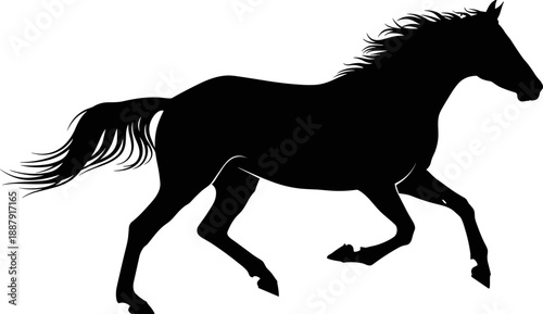 Majestic black silhouette of a wild horse running with flowing mane and tail, powerful equine animal profile isolated on white background for nature designs.