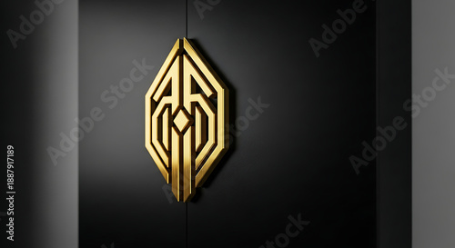 Golden emblem suspended from above, centered on dark gradient background, viewed from front