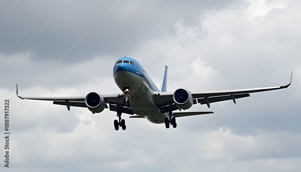 Fototapeta premium Commercial airplane with blue and white livery descending for landing against a cloudy sky