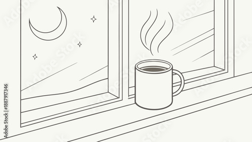 Cozy nighttime scene with steaming cup of coffee on windowsill overlooking moonlit night