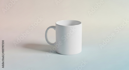 A white coffee mug with a handle on a pastel gradient background from a slightly elevated viewpoint