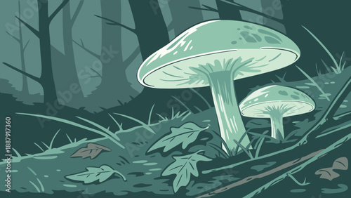 Glowing mushrooms in a mystical forest setting with lush foliage and twilight atmosphere