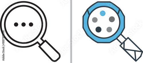 Two magnifying glass icons: one a simple outline with three dots and the other a more detailed blue and grey design with circular nodes, representing search, discovery, and network analysis.