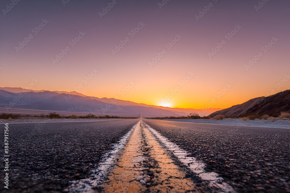 Fototapeta premium Serene desert road at sunset with mountains in the distance