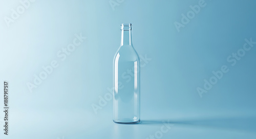 A clear glass bottle stands on a blue surface against a blue background viewed from the side, Whisk_893707721e3237b9b6945e955ef4116ddr.png reference