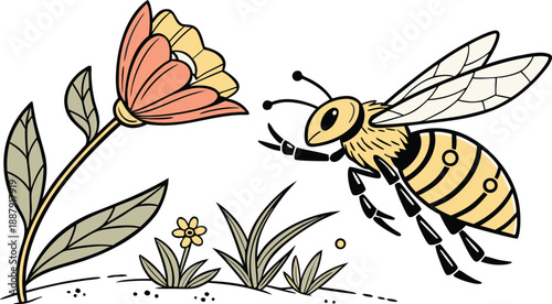 Busy bee approaching colorful flower in garden