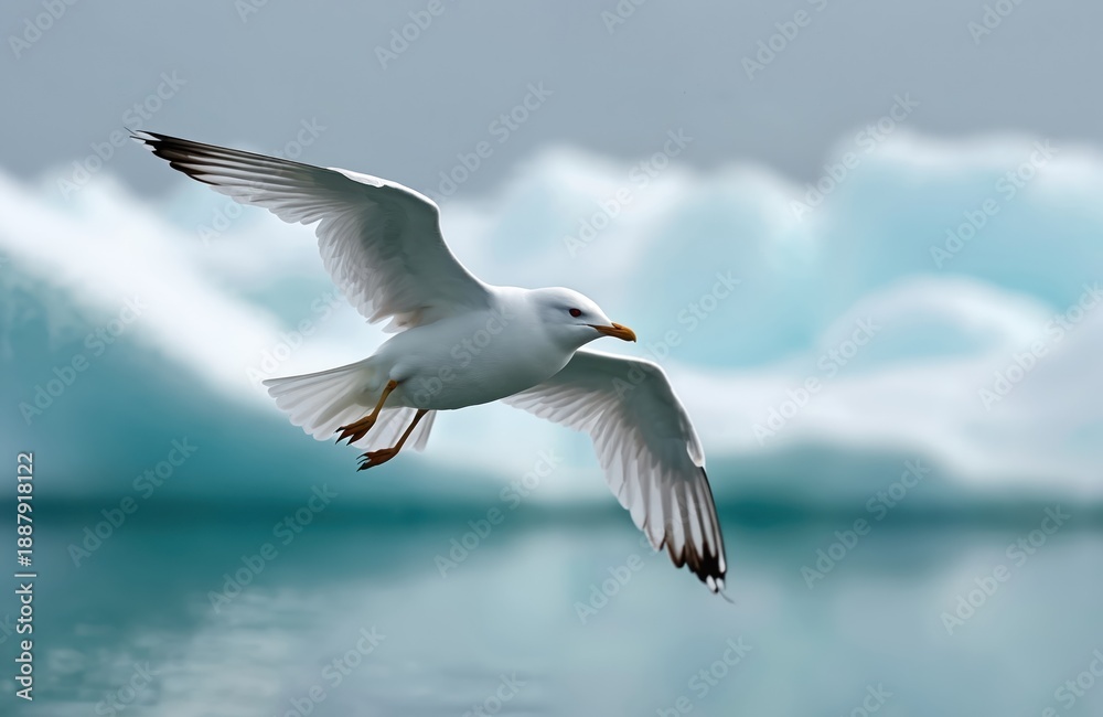 Obraz premium Ivory gull flies over cold ocean water near icebergs. White bird with orange beak soars in sky. Arctic nature scene features lone avian in flight against icy background.