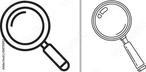 A pair of minimalist magnifying glass icons in black and white. Featuring one bold outline and one fine-lined version, these vectors represent search, discovery, and inspection.