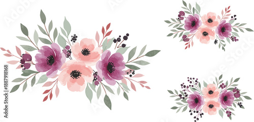 Three watercolor floral arrangements with pink and purple flowers and leaves