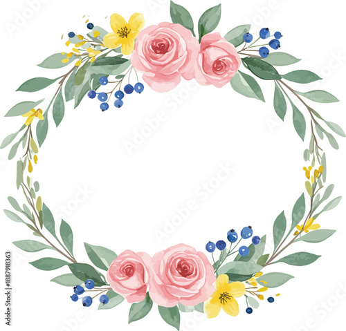 Watercolor floral wreath with pink roses and colorful flowers and leaves