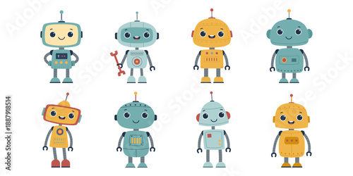 Cute Cartoon Robots Set in Flat Style. Friendly Smiling Robots Characters Collection for Kids, Education, Technology and AI Concepts. Isolated on White Background.