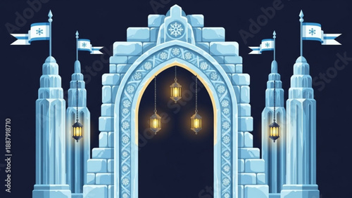 Illuminated israeli castle gate with flags and lanterns at night symbolizing celebration and festivity