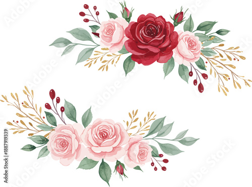 Watercolor floral wreaths with roses and greenery on white background
