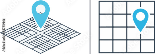 Blue location pin icons on isometric and flat grid maps. This clean vector set represents navigation, GPS tracking, and geographical positioning in a modern style.