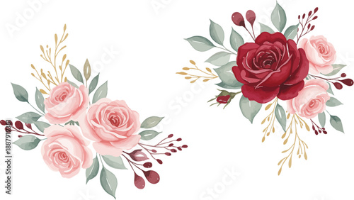 Two beautiful bouquets of roses and flowers with green leaves on white background