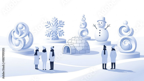 People in winter clothing stand near snowman igloo and decorative ice sculptures in a snowy landscape with a large snowflake