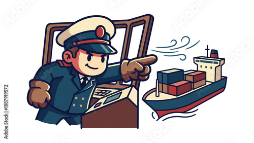 Ship Captain Directing Cargo Vessel - Cartoon Style Illustration