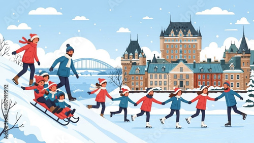 People ice skating and sledding in snowy city with historic buildings and bridge