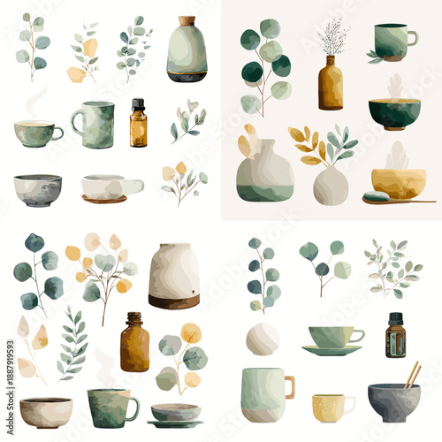 Minimal tableware illustration with cups bowls bottles and botanical accents. Soft ceramic kitchen collection inspired by natural shapes and muted colors.