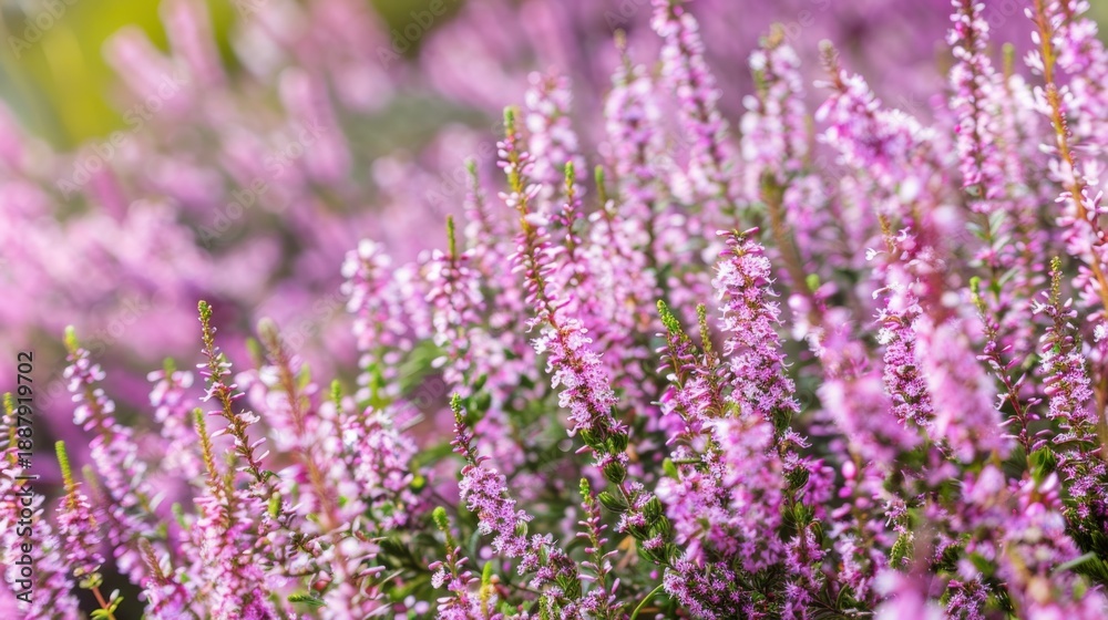 Fototapeta premium A close-up view of blooming heather flowers in shades of pink and purple. The scene captures the delicate petals and lush green foliage.